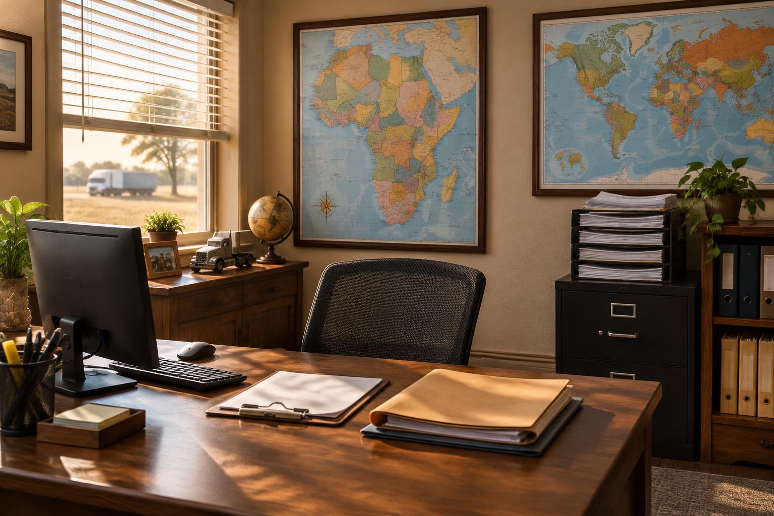 Shipping documents and a map of Africa on the wall of the Safeedge office