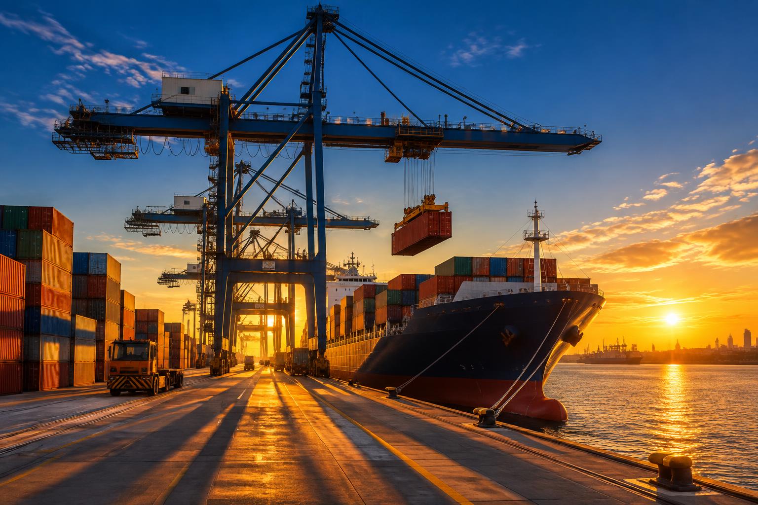 Gantry cranes loading containers onto a ship at the port